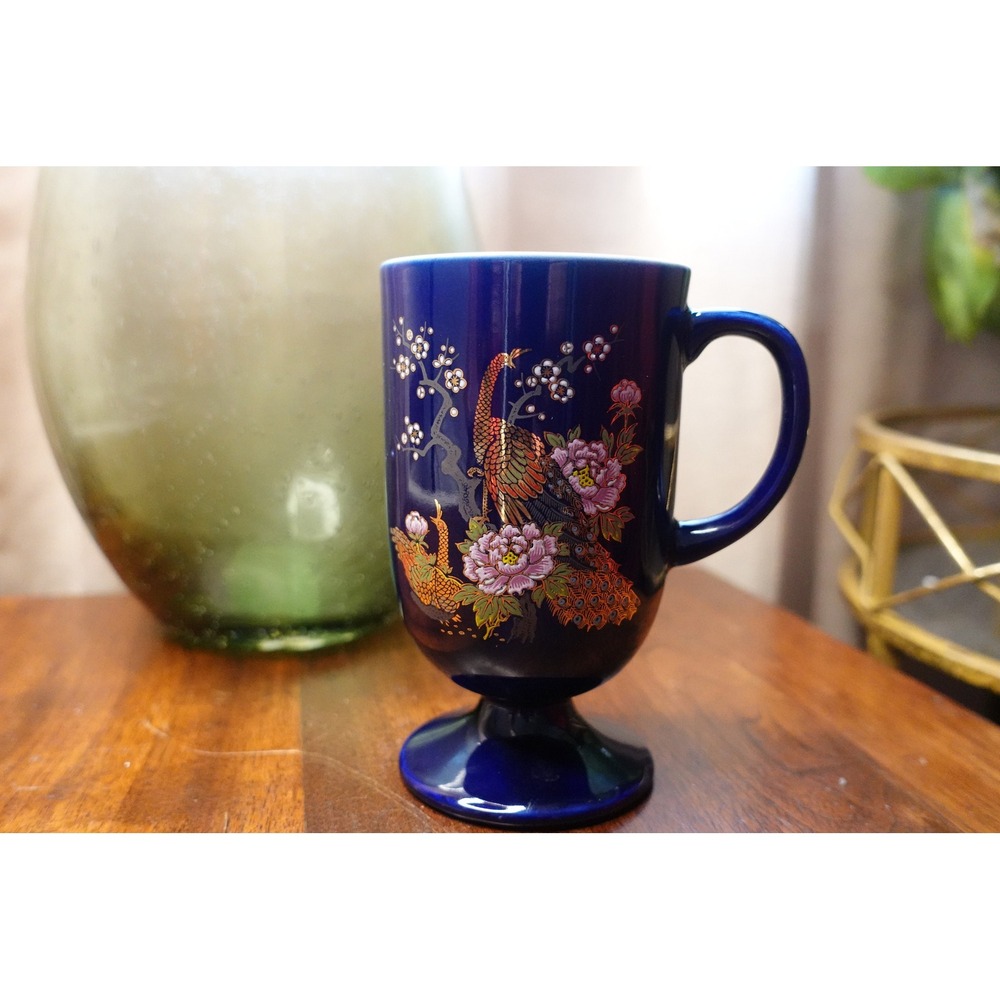 Vintage‎ Blue Ceramic Footed Mug Peacock Floral Design